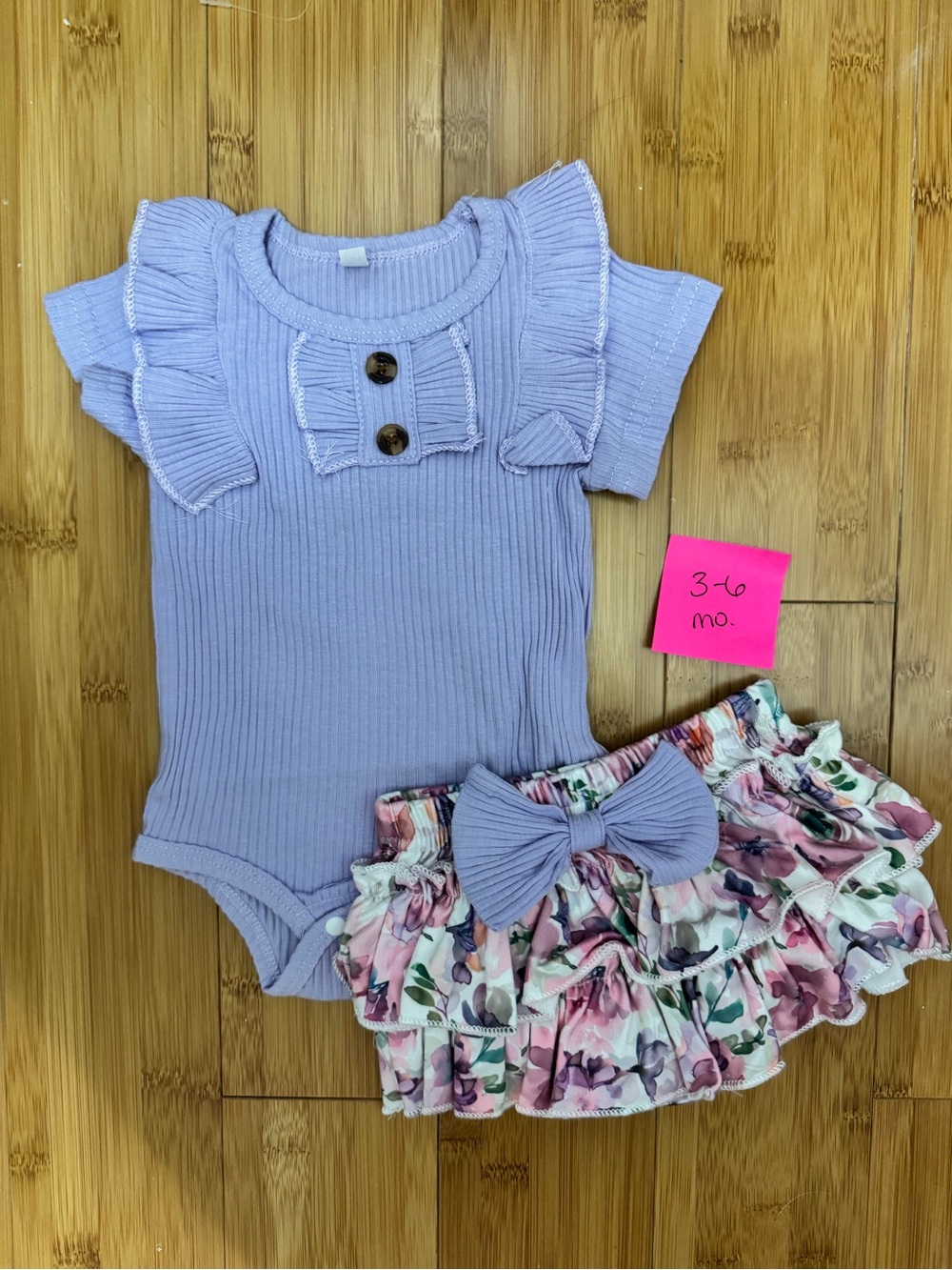 Amazon Lilac Ribbed Ruffle Bodysuit with Floral Ruffle Bloomers
